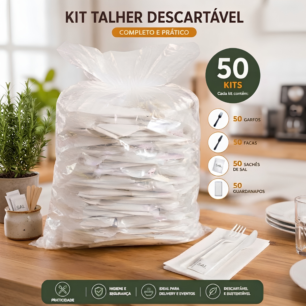 Promoção Kit Refeiçao Premium Garfo Faca Sal Guardanapo Embalados 50 Unidades Restaurante Lanchonete