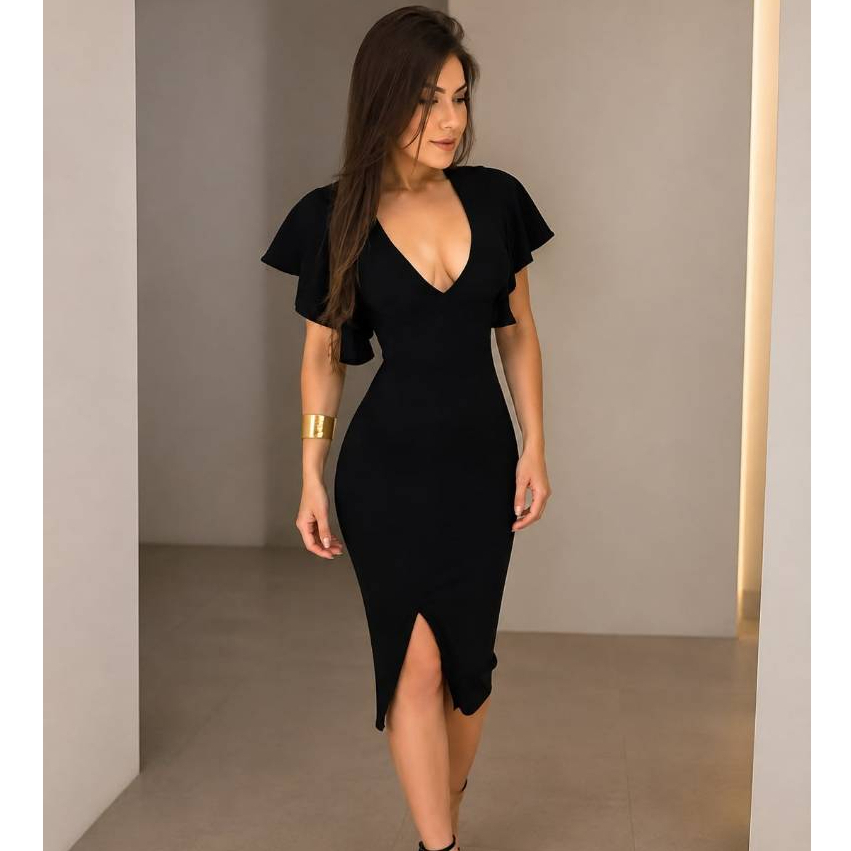 Vestido Midi Feminino Colado De Festa De Casamento Elegante Formal Roupa Feminina Decote Aniversario