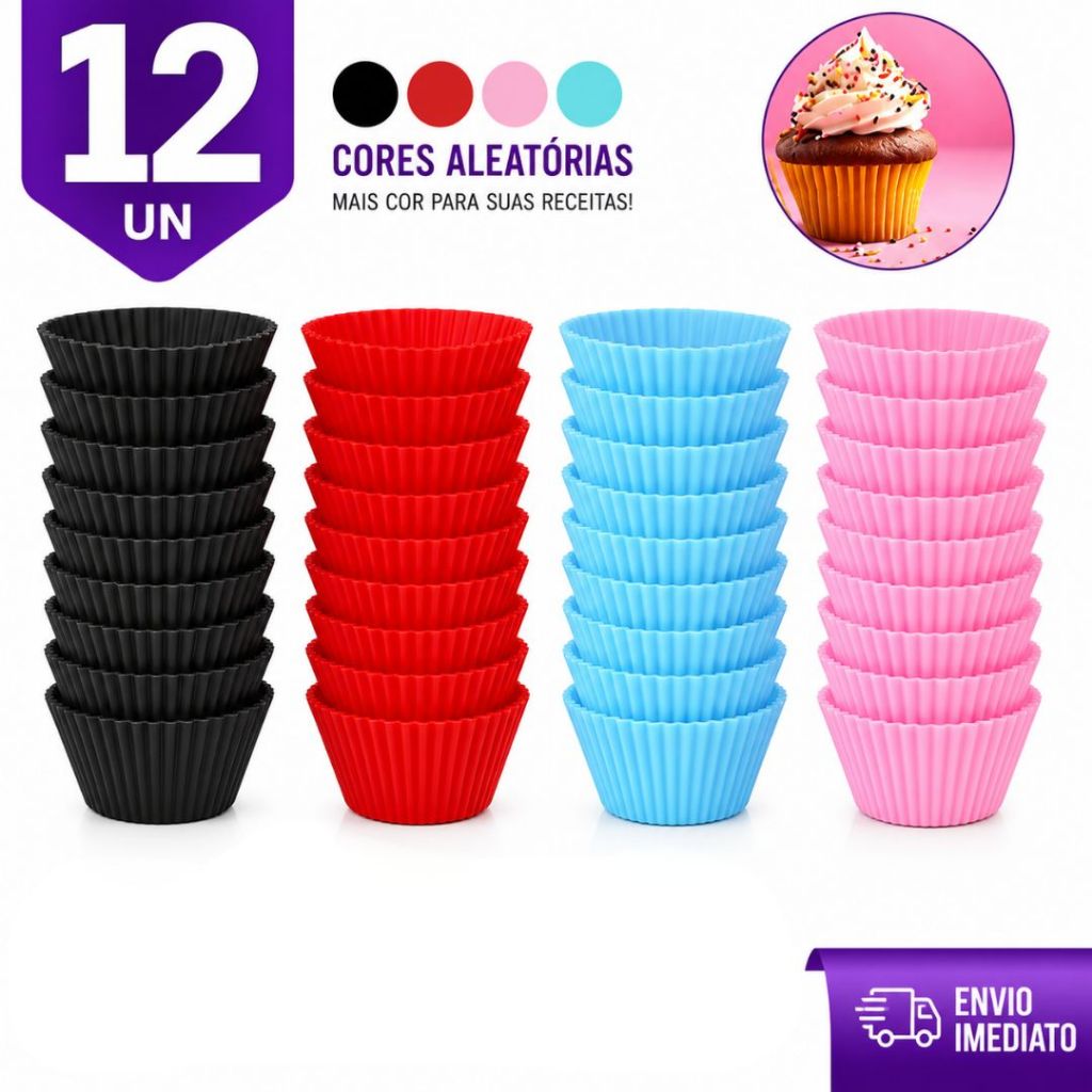 Kit 12 Molde Em Forma De Silicone Para Cupcake Bolo Muffin Empada Pão de Queijo