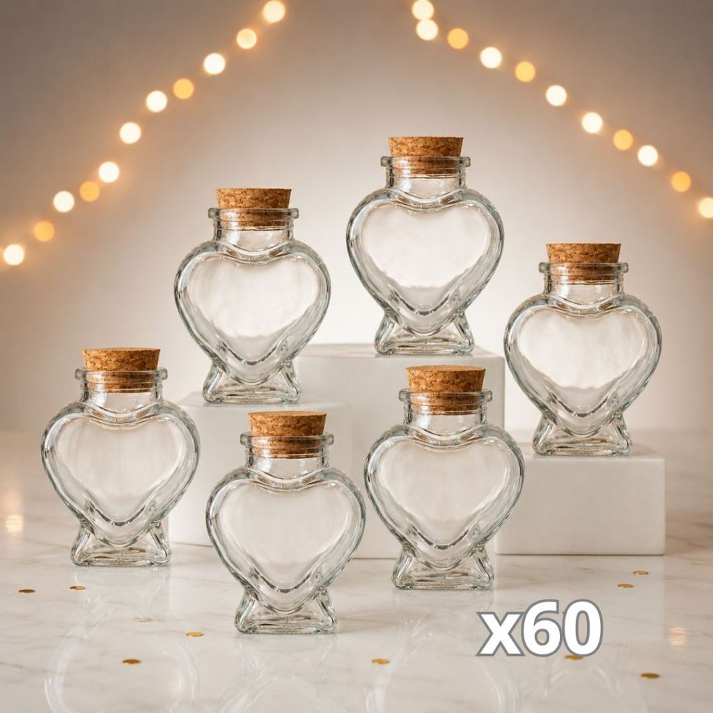 Kit 60 Potinhos de Vidro Coração com Rolha 70ml - 6cm x 7cm - Rizzo