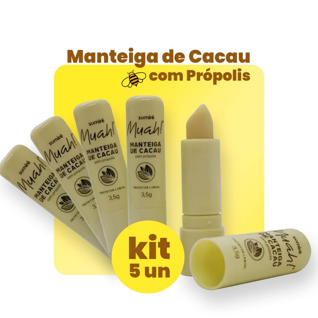 Kit Manteiga de Cacau Muah! com Própolis: Hidratação e Proteção para seus Lábios - 05 unidades