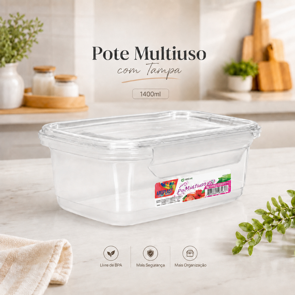 Pote Multiuso Retangular 1400ml Transparente com Trava Marmita Organizador Cozinha Geladeira