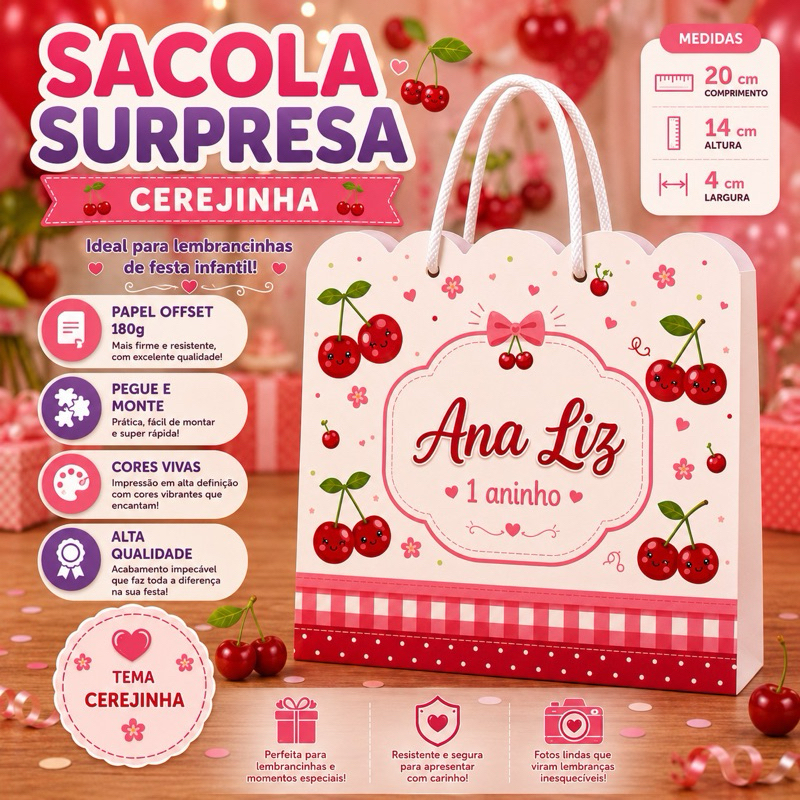 Sacolinha Surpresa Cerejinha Personalizada | Lembrancinha Festa Infantil | Tema Cherry