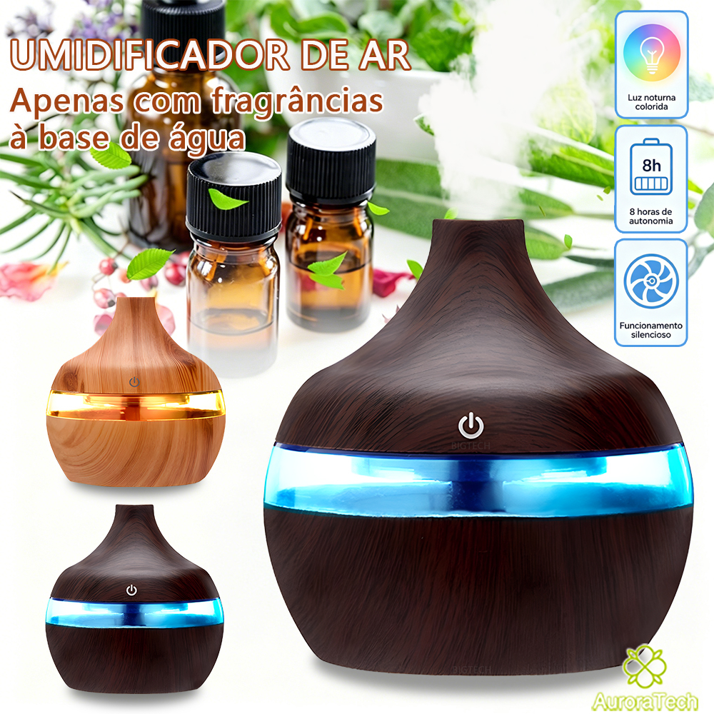 Difusor Elétrico Aromatizador De Ambiente 300ml Ultrassônico Usb Madeira Purificador De Aromas Com Luz Led