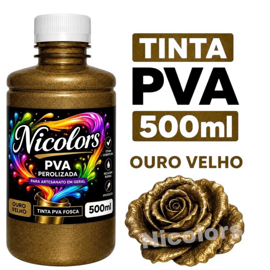 Tinta Metálica Perolizante PVA Ouro Velho para Artesanato - 500ml
