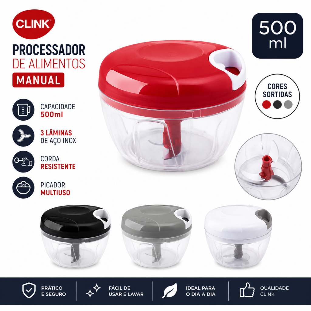 Processador Manual Clink 500ml Picador Triturador de Alimentos 3 Lâminas Aço Inox Multiuso