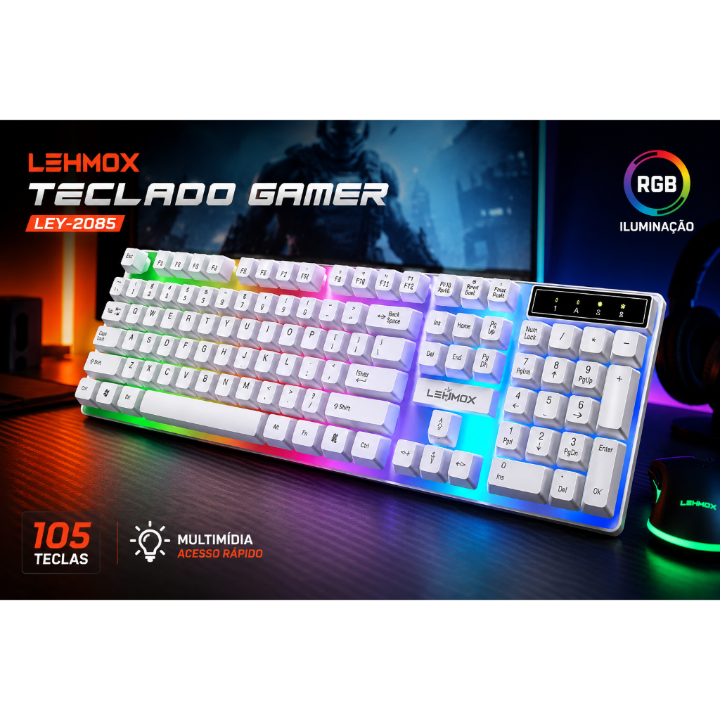 Teclado Gamer Premium com Fio Anti-ghosting Abnt2 USB Branco com Iluminação RGB Lehmox