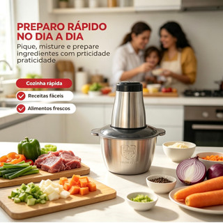 Processador de Alimentos Elétrico Inox Multifuncional 2 Velocidades, Triturador de Carne Legumes Alho Cebola para Cozinh