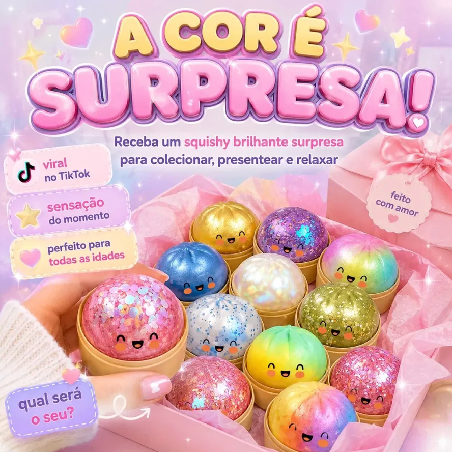Kit 2 Taba Com LED Squishy Brilhante Glitter Raro Viral Tik Tok Pãozinho Bolinho Caixinha Surpresa