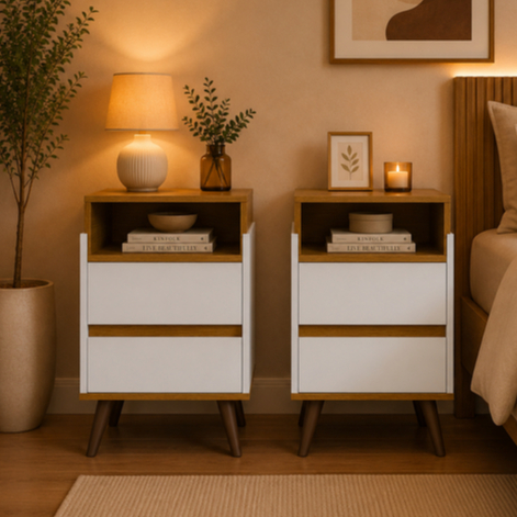 Kit 2 Mesa de Cabeceira Verona Para Quarto Pes Retro Luxo C/ 2 Gaveta Criado Mdp Nicho Criado