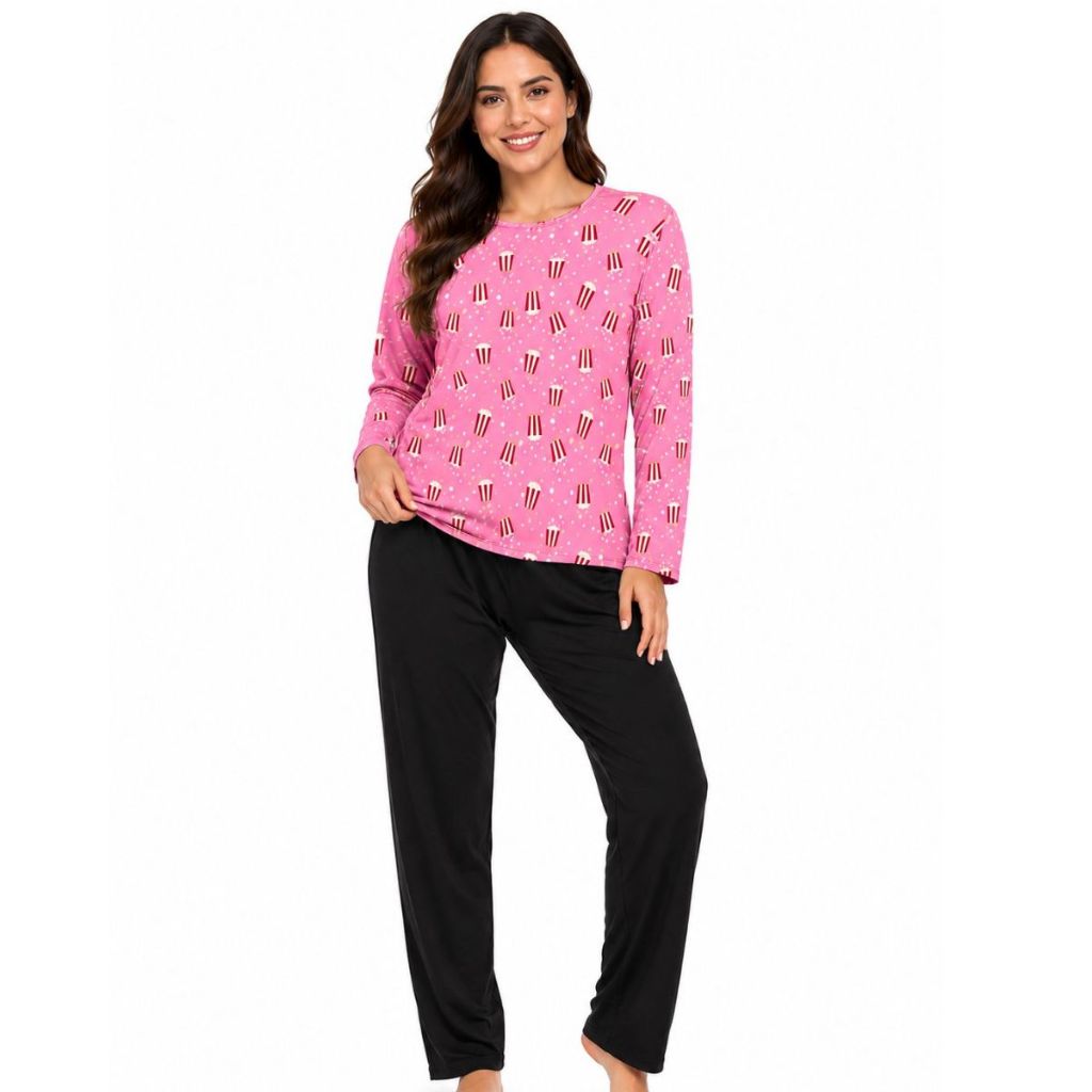 Conjunto Pijama Feminino Adulto Estampado Poliéster Manga Longa Calça Comprida Confortável Frio Inverno Dormir