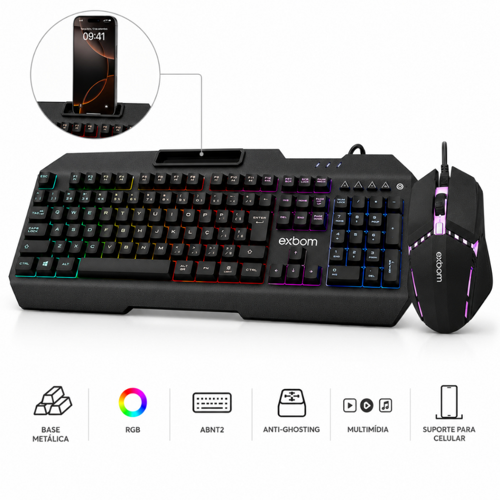 Teclado Gamer Base Metálica Multimídia Suporte para Celular Combo Mouse RGB com fio Exbom Premium Kit BKG800