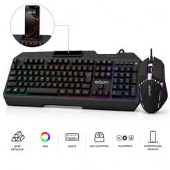 Teclado Gamer Base Metálica Multimídia Suporte para Celular Combo Mouse RGB com fio Exbom Premium Kit BKG800