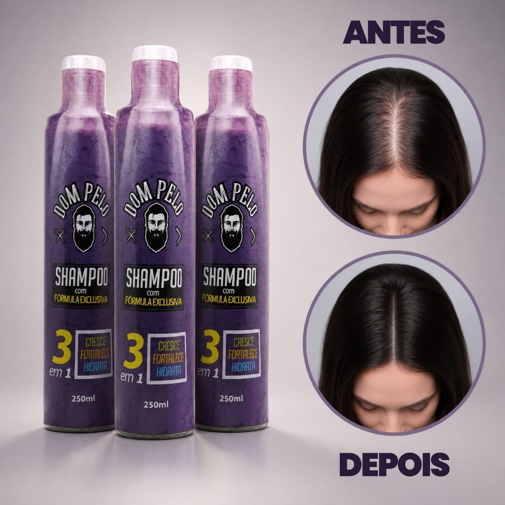 Kit 3 Shampoo 3 em 1 Dom Pelo Original - Fortalece, Limpa e Estimula o Crescimento
