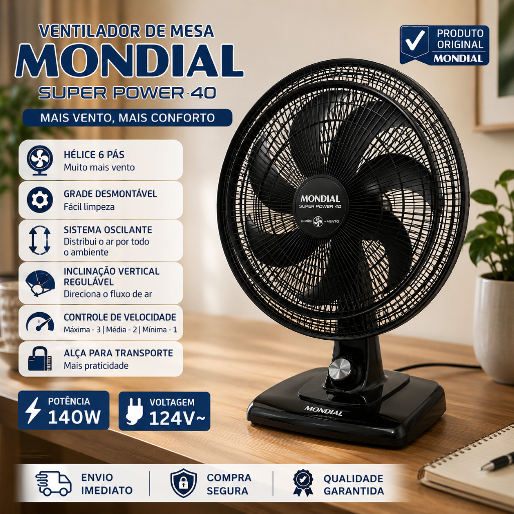 Ventilador Mondial Super Power, 127V/ 140W, 6 Hélice + Vento/ Silencioso, Botao Aço Inox