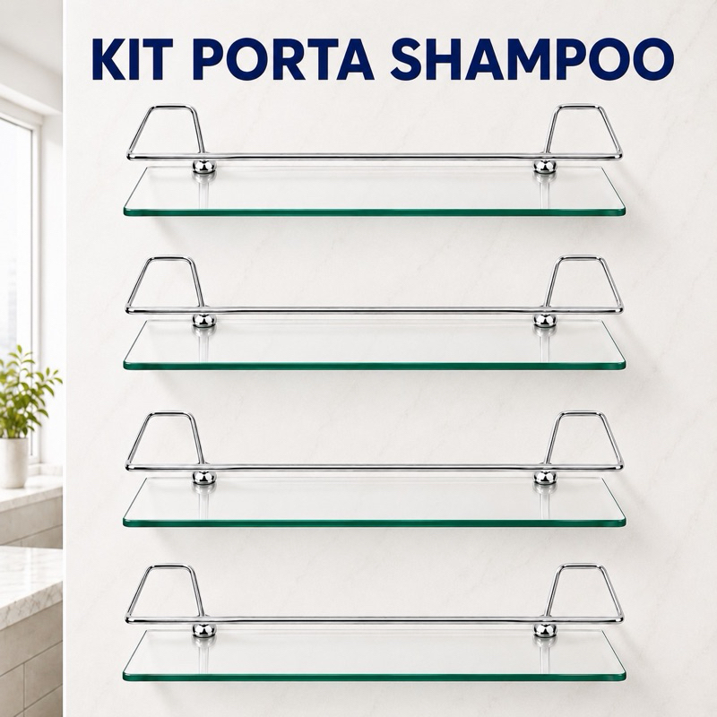 Kit 4 Porta Shampoo para Banheiro Suporte Reto Vidro 30cm Lavabo Prateleira