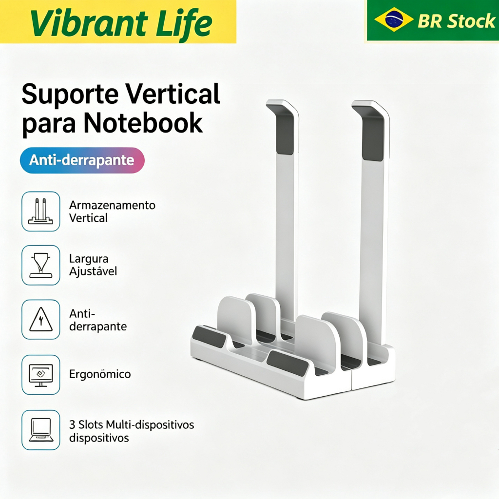 BR-Suporte Notebook Vertical 2 em 1 Ajustável, Organizador de Mesa para Laptop Economia de Espaço