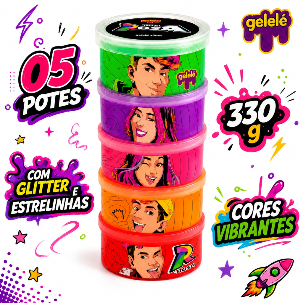 Kit Geleca Dos Rosa 330g Torre 5 Cores Personagens Textura Macia Sensorial - Gelelé