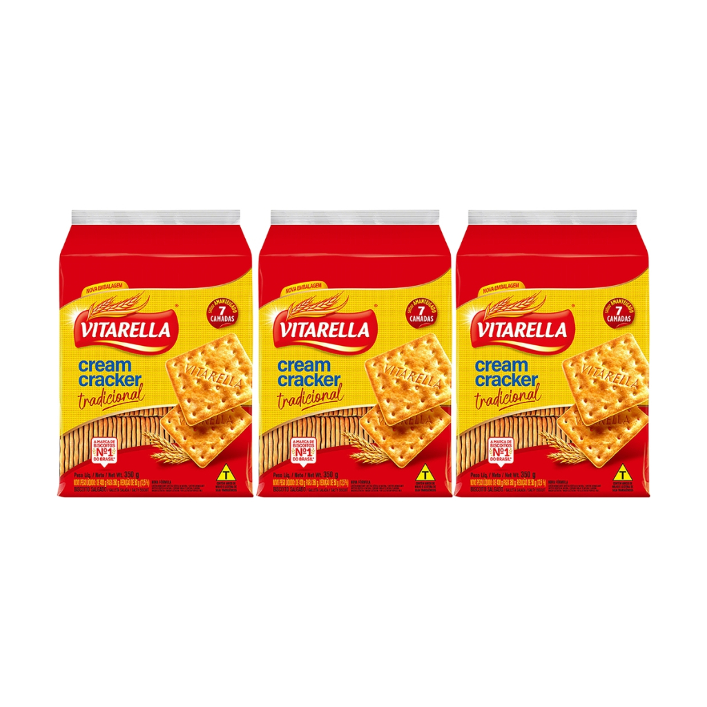 Kit 3un Biscoito Vitarella Cream Cracker Tradicional 350g