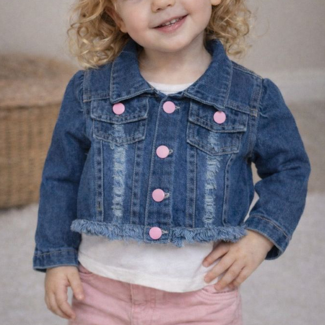 Jaqueta Jeans Molinho Rasgadinha para Bebes Menina com Botão Rosa 01 a 03 anos