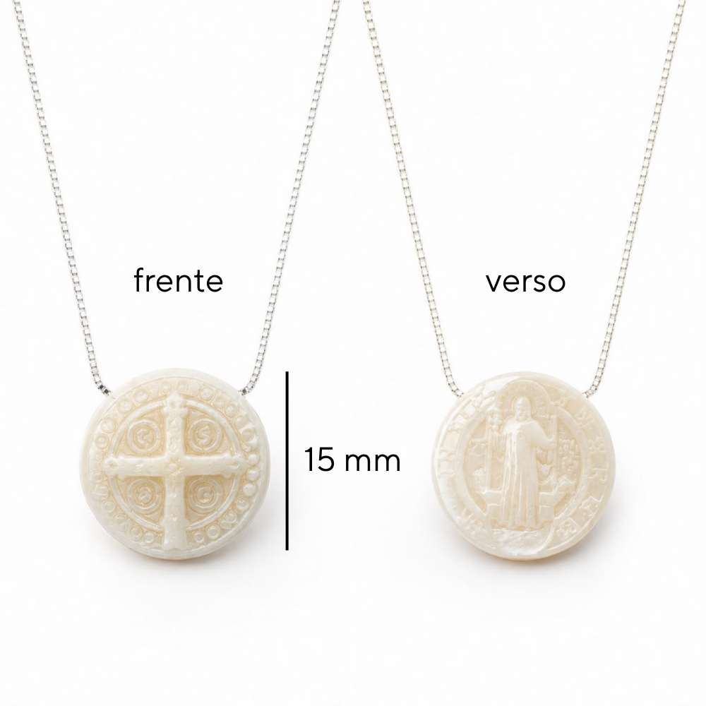 Colar Feminino Prata com Pingente Madrepérola Medalha São Bento Fé Proteção Joia Presente Religioso Moderno — imagem 2 de 2