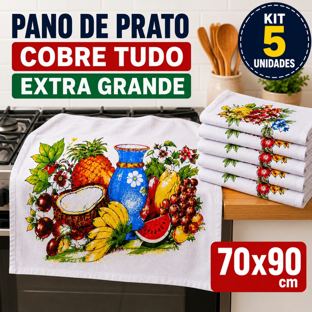 Kit 5 Pano de Prato Cobre Tudo Gigante Extra Grande 70x90 100% Algodão Estampas Variadas