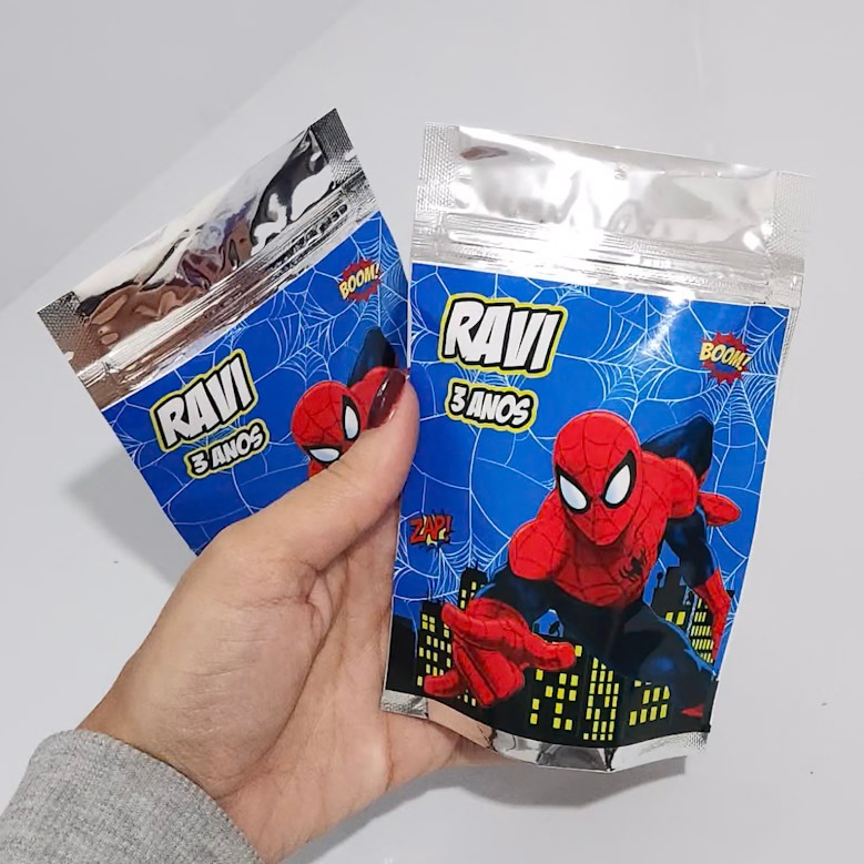 SAQUINHO METALIZADO HOMEM ARANHA FUNDO AZUL LEMBRANCINHA PERSONALIZADA PARA FESTA INFANTIL
