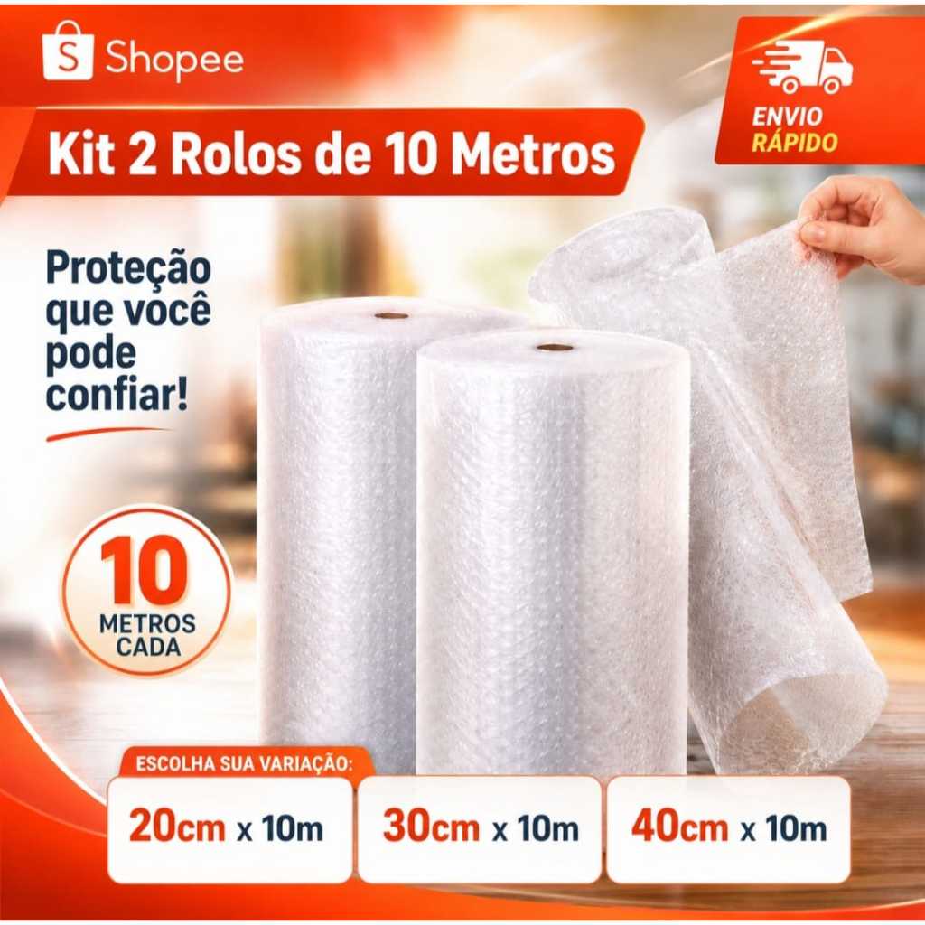 Kit 2 Rolos Plástico Bolha 10m Para Embalagem E-commerce Mudança Proteção Envio Rápido
