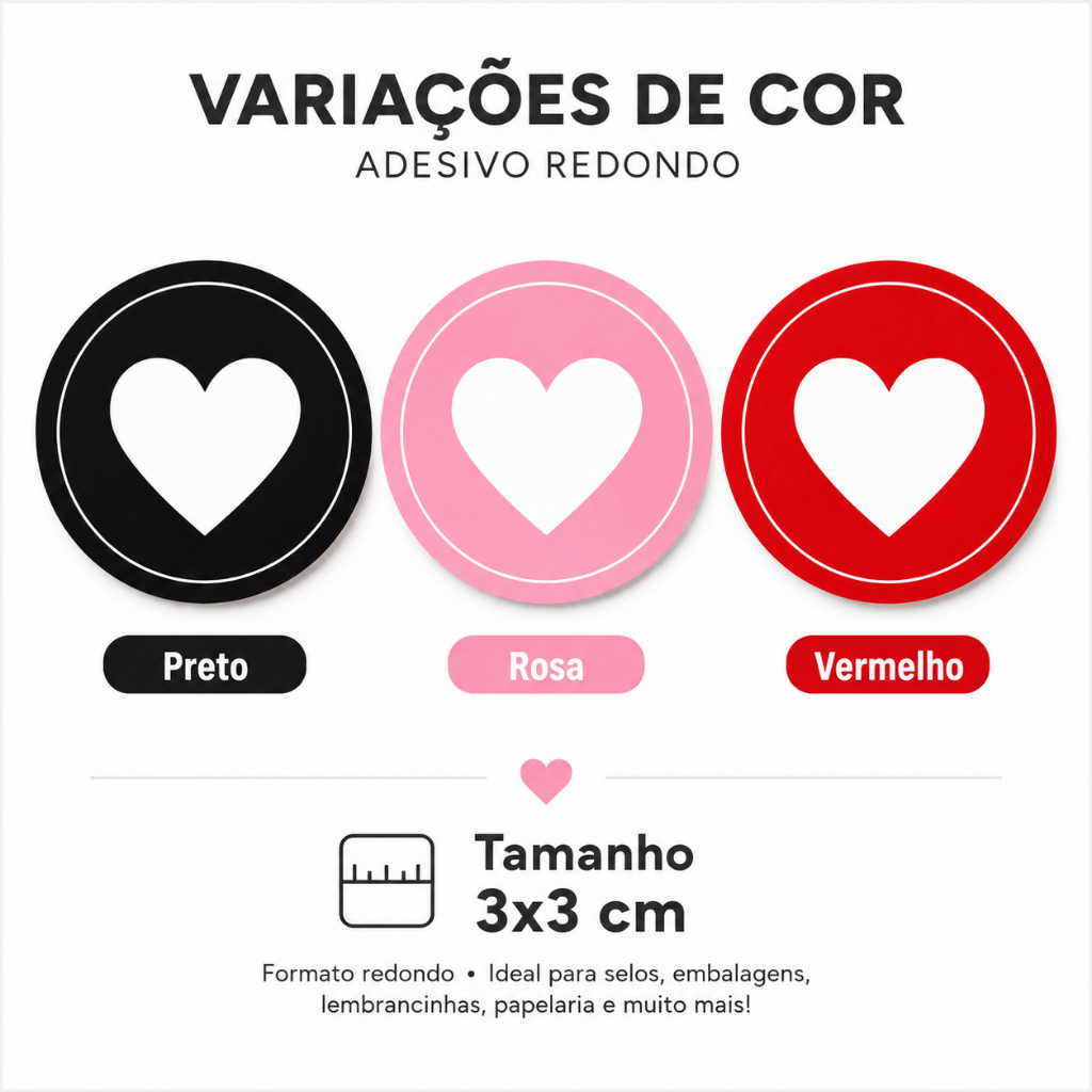 Adesivo Redondo Coração 3x3cm para Sacolas, Caixas e Embalagens — imagem 2 de 2