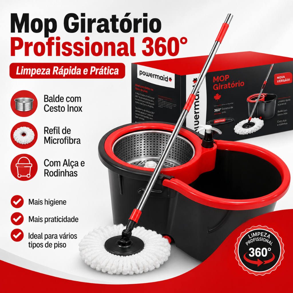 Mop Giratório Profissional 360° com Balde Inox Esfregão Refil Microfibra Rodinhas Alça Limpeza Prática Durável