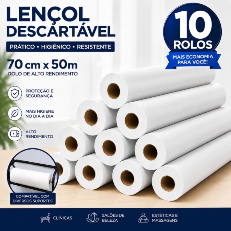 Kit 10 Lençóis Descartáveis para Maca 70cm x 50m Papel Branco Clínicas Estética Massagem Alto Rendimento15