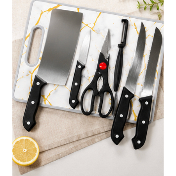 Kit 6 Facas + Tesoura + Descascador com Tábua de Corte Aço Inoxidável Jogo de Facas para Cozinha