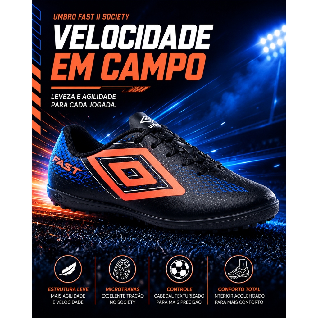 Chuteira de Society Umbro Fast II Chuteira Society Masculino Futebol Campo Sintético Trava Baixa