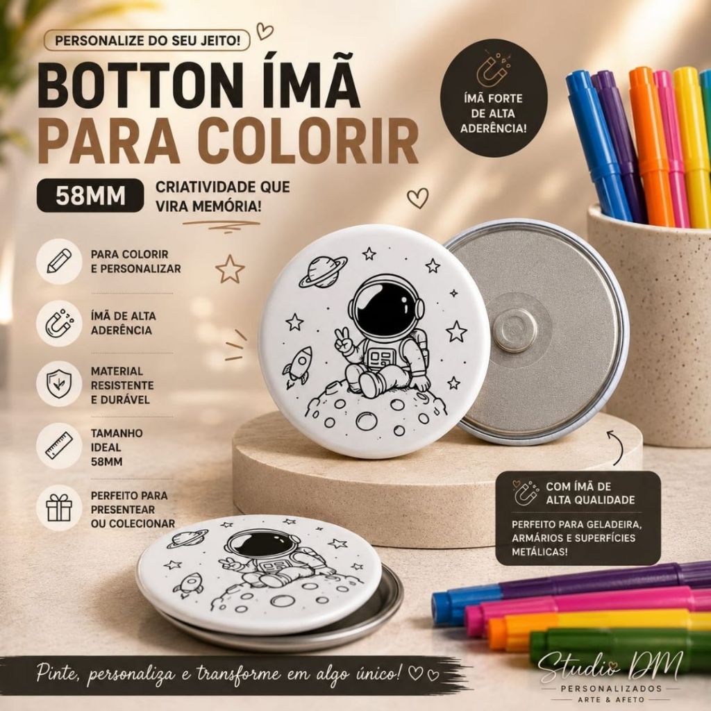 Kit com 3 Bottons 58mm com Ímã para Colorir Personalizados | Lembrancinha Infantil | Festa | Atividade Criativa