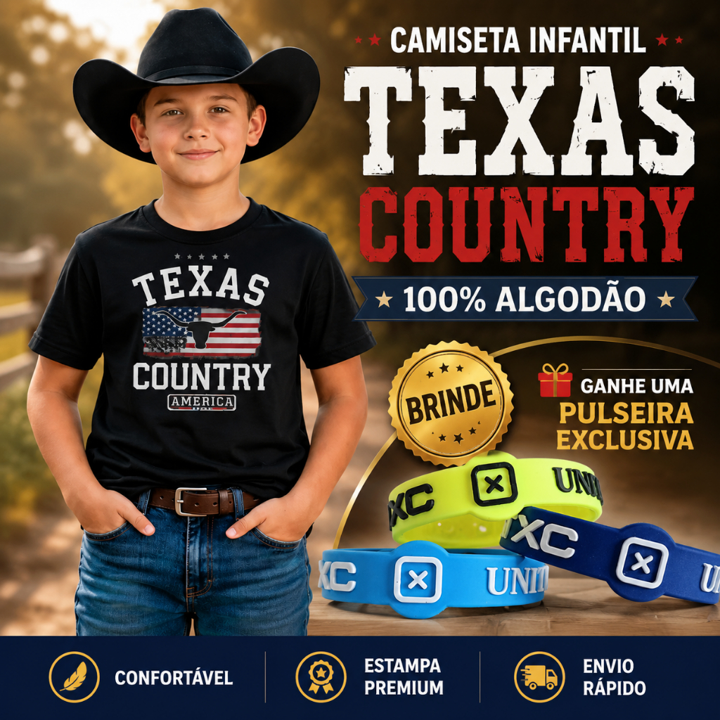 Camiseta Infantil Texas Country Cowboy Menino 100% Algodão + Pulseira Exclusiva