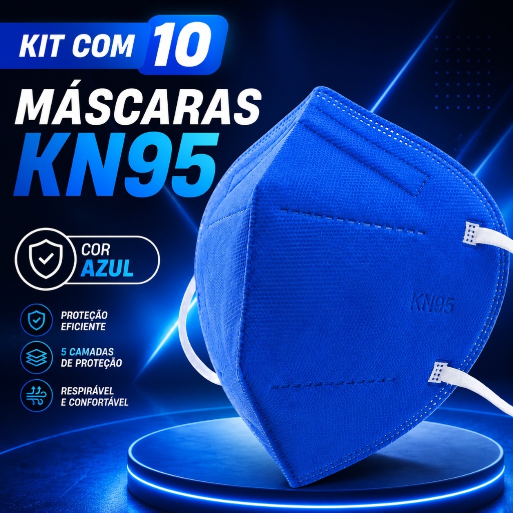 Kit 10 Máscaras KN95 Descartáveis 5 Camadas Proteção Respiratória Azul