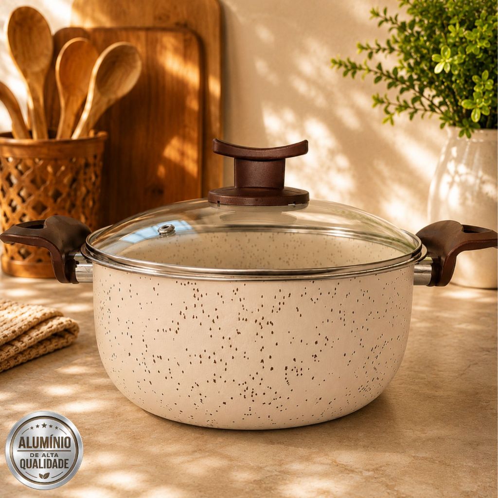 Panela Caçarola 24 cm GRANDE Antiaderente 6 Camadas de Teflon Bege com Tampa de Vidro Linha Exclusiva Vanilla Premium