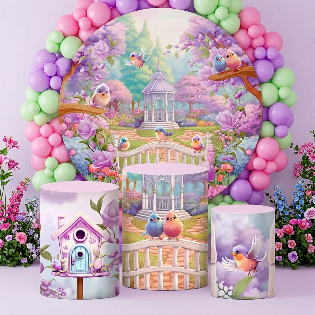 Capa Cilindro Festa + Painel Redondo Jardim Encantado Decoração Festa Infantil Sublimado Em Tecido