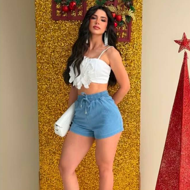 Shorts Feminino Jeans Medio Cintura Alta com elástico e cordão, Casual, Confortável, Moda Verão