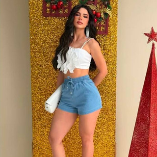 Shorts Feminino Jeans Medio Cintura Alta com elástico e cordão, Casual, Confortável, Moda Verão