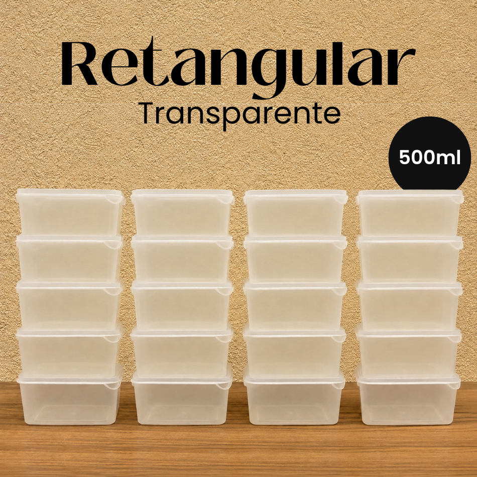 Kit Potes Plásticos Retangulares 500ml Transparentes para Marmita BPA Free Micro-ondas Freezer Cozinha