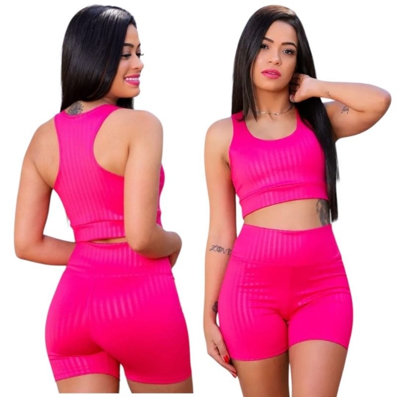 Conjunto de Academia Feminino Top+Shorts Alta Compressão Modela no corpo Fitness Moda