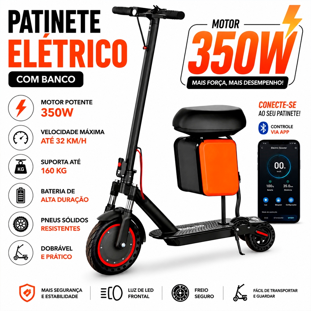 Patinete Elétrico 350W Com Banco Dobrável Até 32km/h Pneus Sólidos Freio Seguro LED Suspensão Dianteira