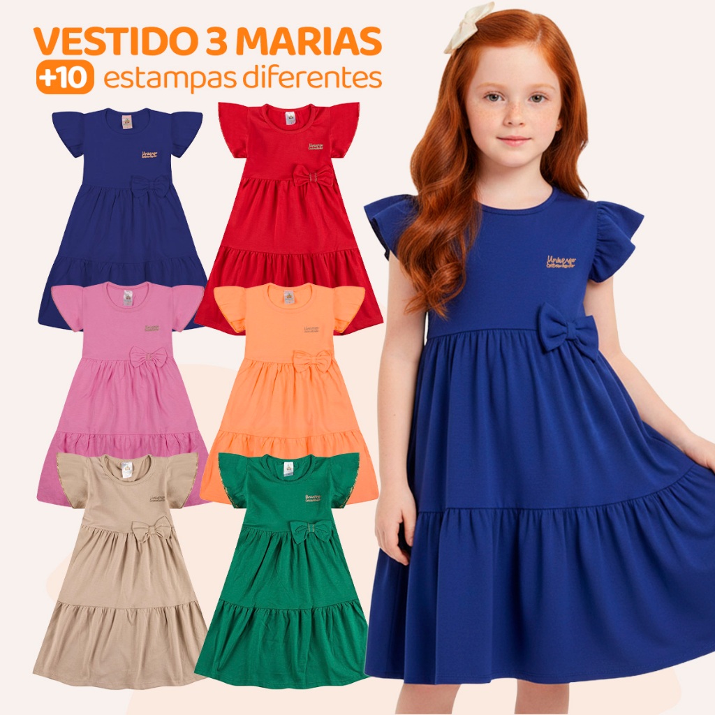 Kit 4 Vestido Infantil Menina Verão Três Marias 100% Algodão Com Laço - Kit Sort