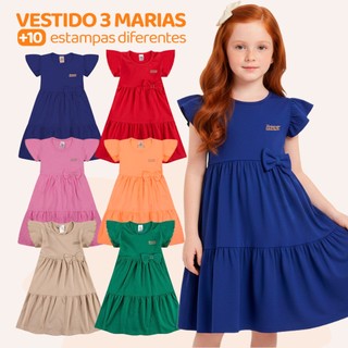 Kit 4 Vestido Infantil Menina Verão Três Marias 100% Algodão Com Laço - Kit Sortido Taman…