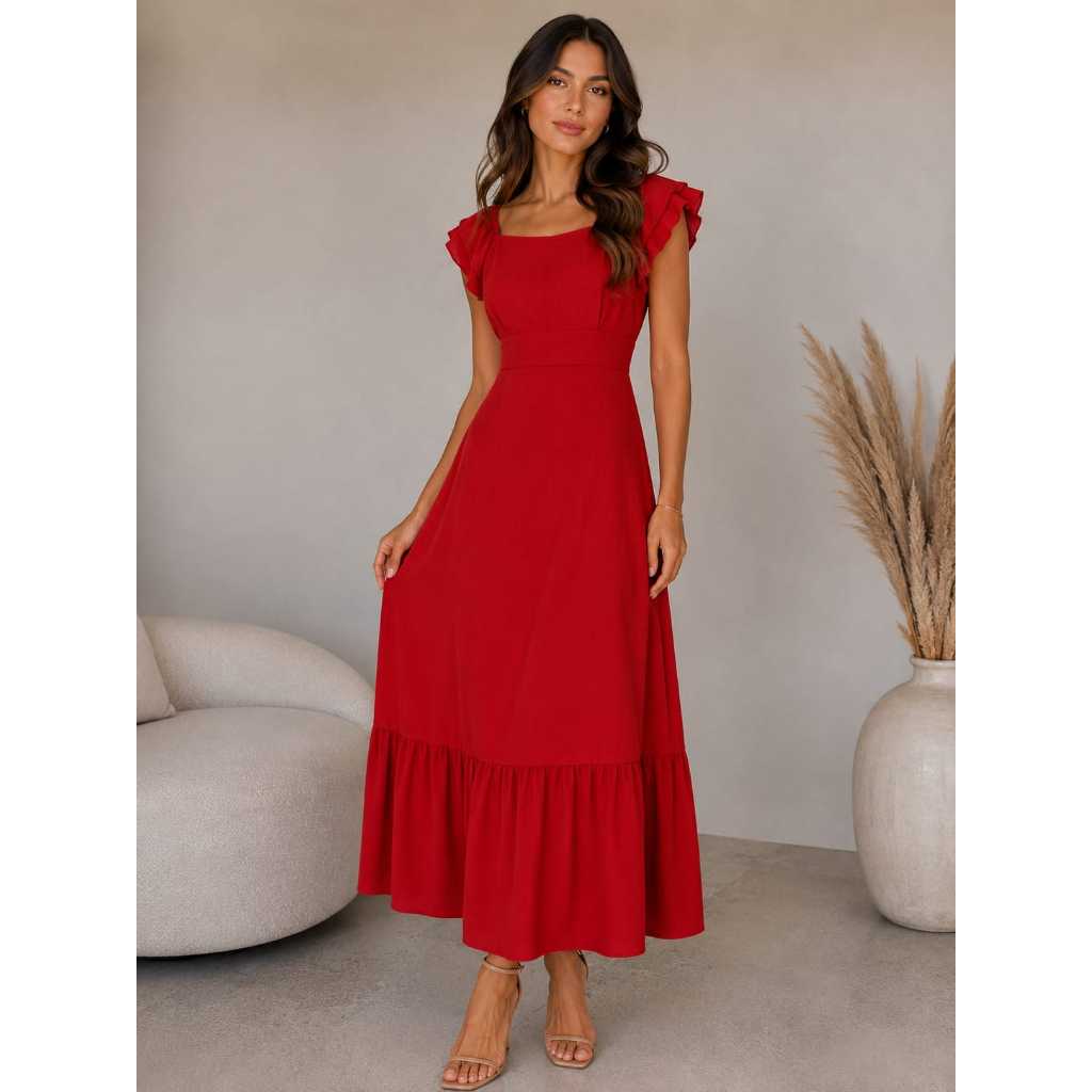 Vestido Longuete  Decote Canoa Manga C/ Babados Sem Transparência em Crepe Texturizado Moda Evangélica Moda Modesta