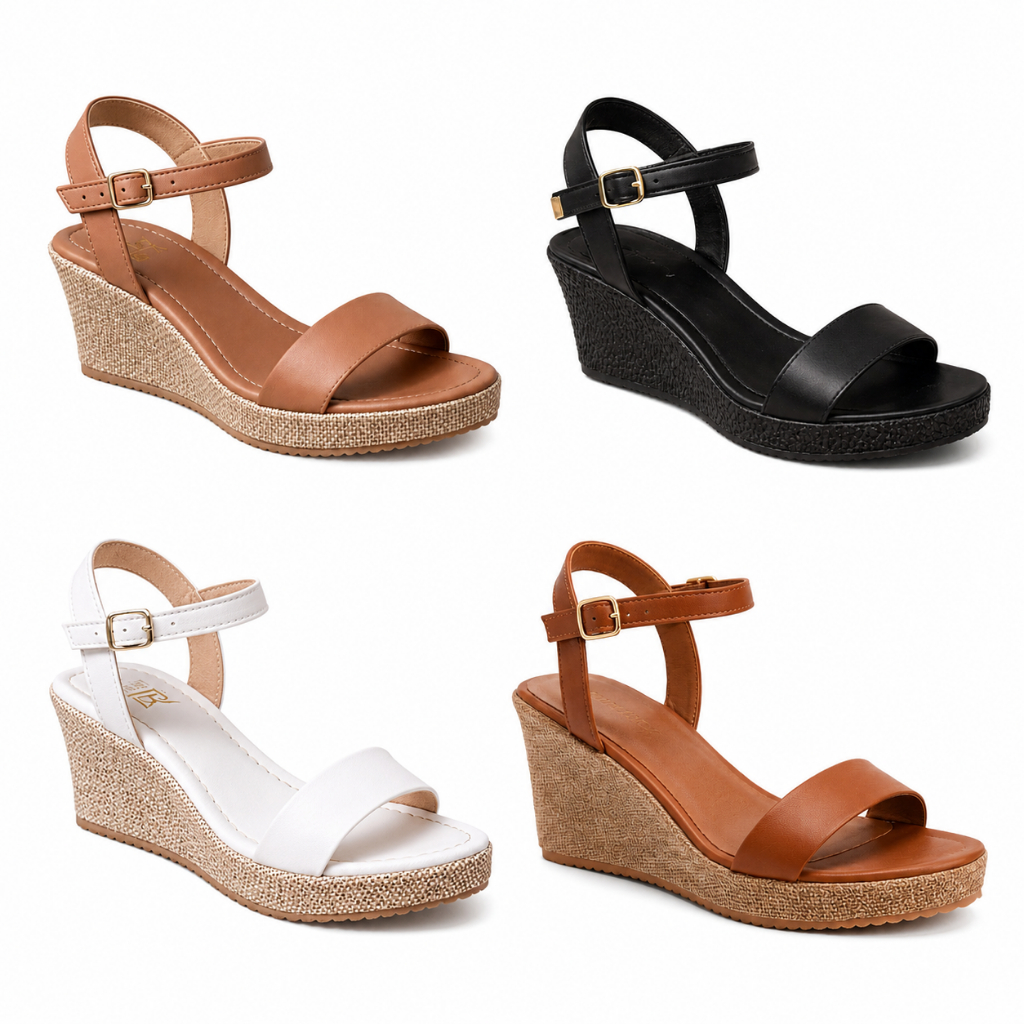 Sandália Feminina Plataforma Anabela Confortável Salto Médio Casual Elegante com Fivela Solado Antiderrapante