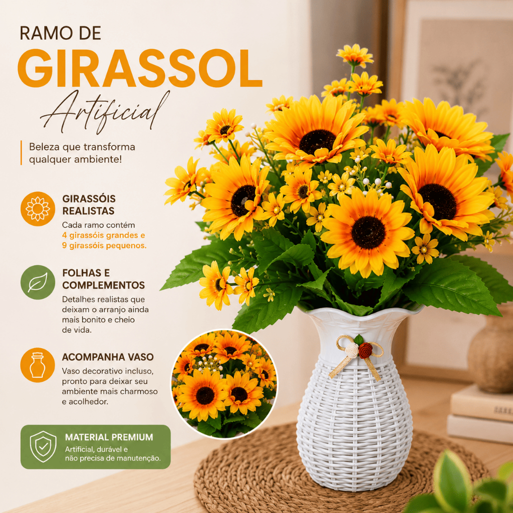 Vaso Decorativo com Ramo de Girassol Artificial Arranjo Completo Decoração Vaso Branco Decorativo