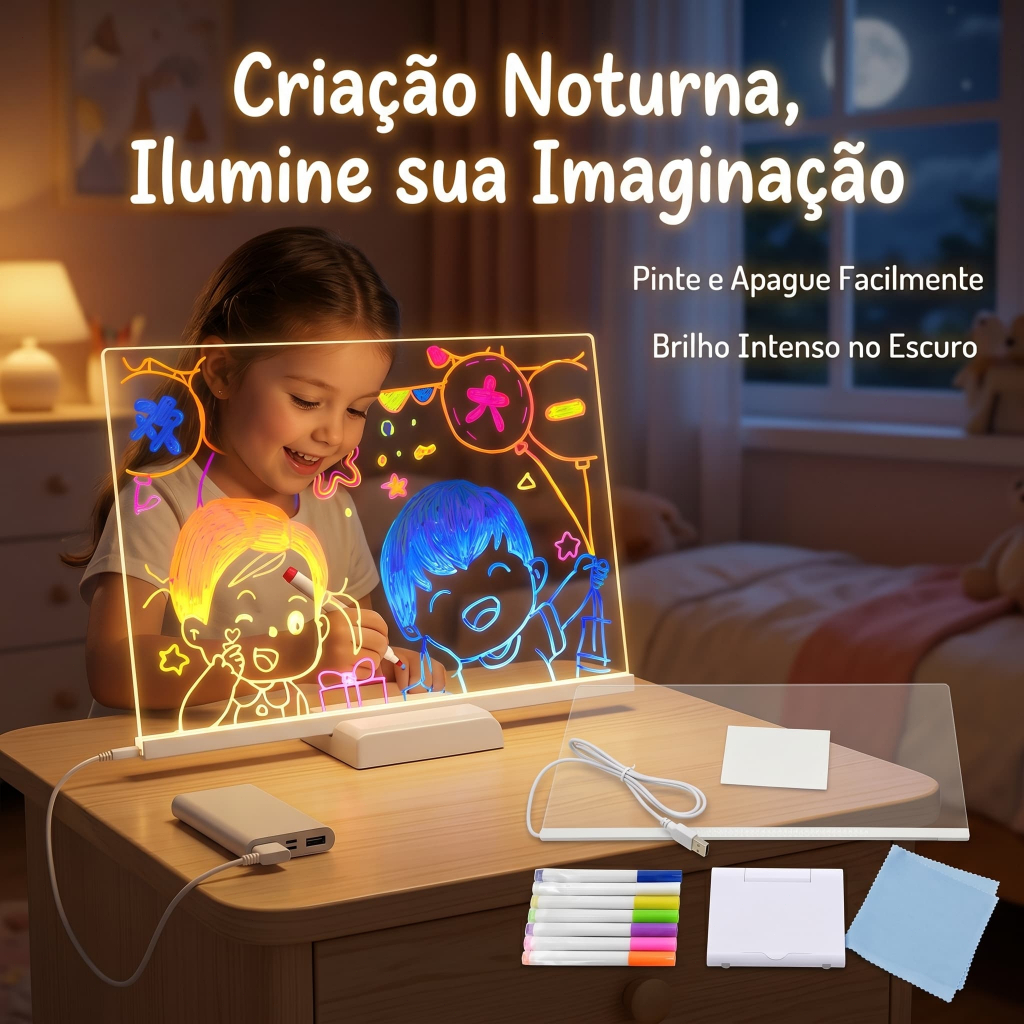 Prancheta Desenho Infantil Apagável Quadro Negro com Luz Kit Educativo 2822