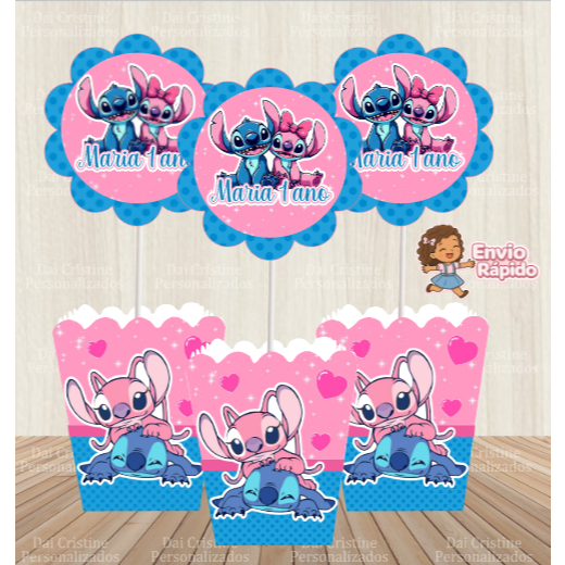 kit de Centro de Mesa Personalizado Caixa Cachepot Stich e Angel Cachepô Enfeite Arranjo